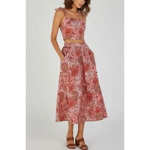 Anthropologie Floral Pink and Brown Skirt Set